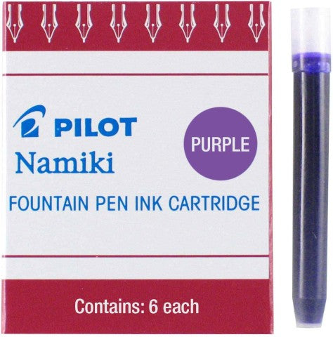 Red and white box for purple fountain pen ink. Blue text on box reads "Pilot Namiki Purple fountain pen ink cartridge." 