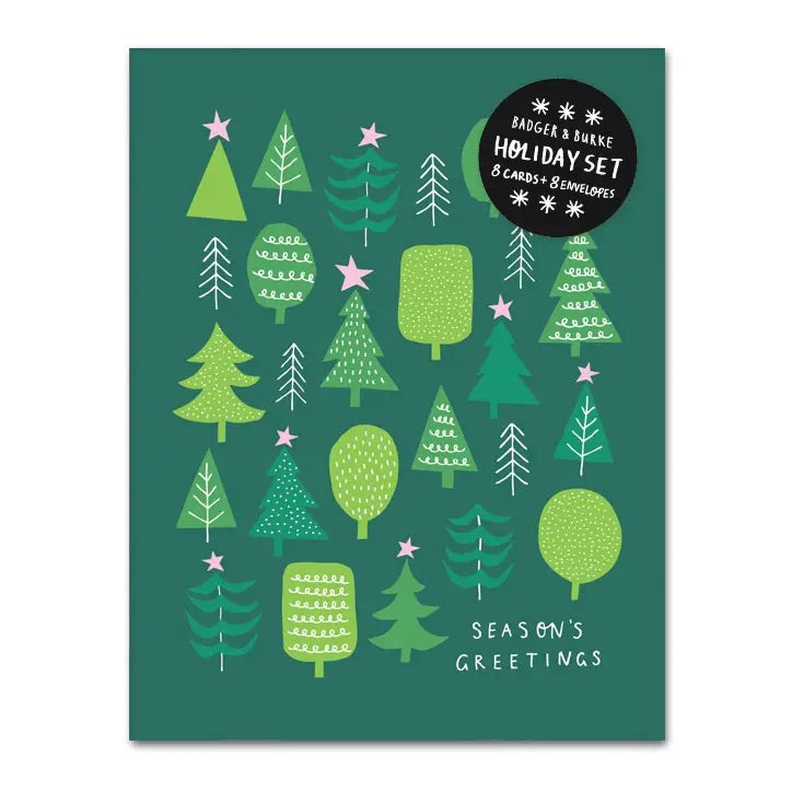 White card with full color dark green background. Light green illustrations of trees. White text “seasons greetings” 