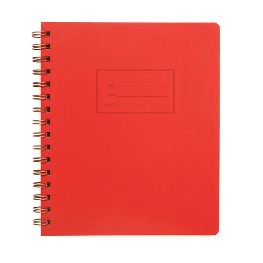 Front cover of spiral-bound notebook. Cover is red. "Name, date, subject" is letterpress printed into cover