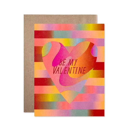 White card with full multicolor gradient background. Heart shape and red text "be my valentine" 