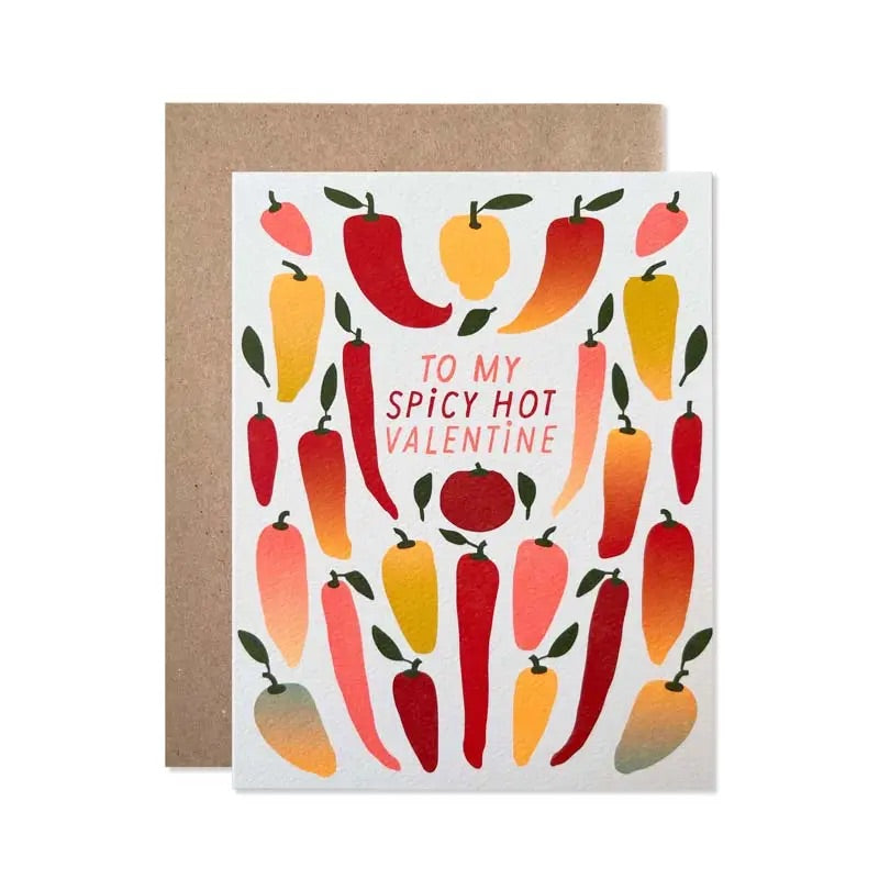 White card with multicolor pepper illustrations. Red and orange text "to my spicy hot valentine" 