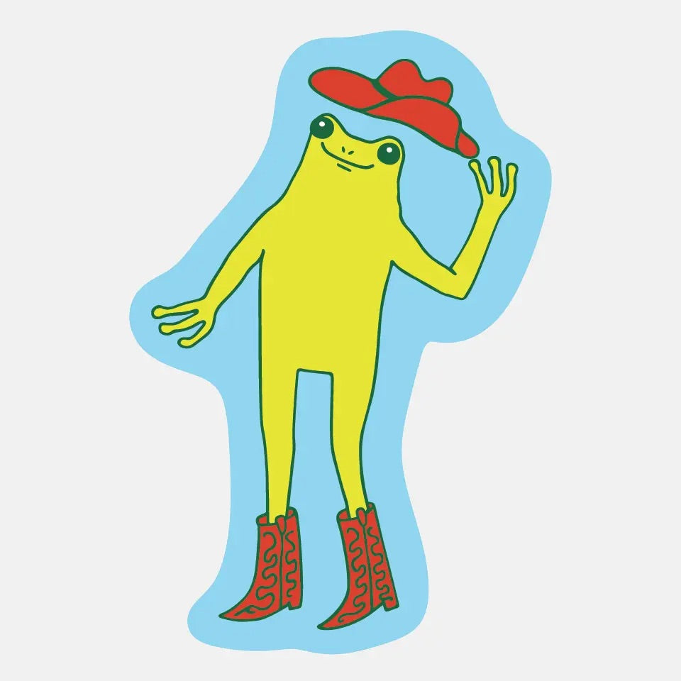 Die-cut sticker of a frog wearing a cowboy hat and cowboy boots. Blue background with a green frog illustration. 