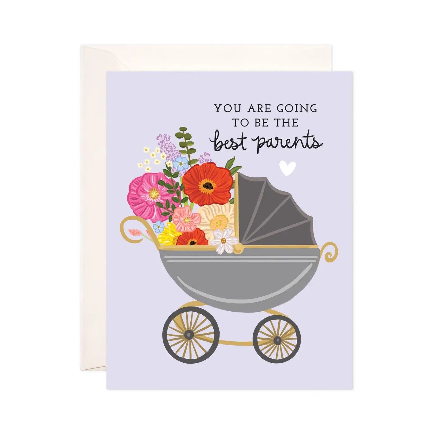 White greeting card with full color lavender background. Illustration of baby carriage and flowers. Back text “you are going to be the best parents” 