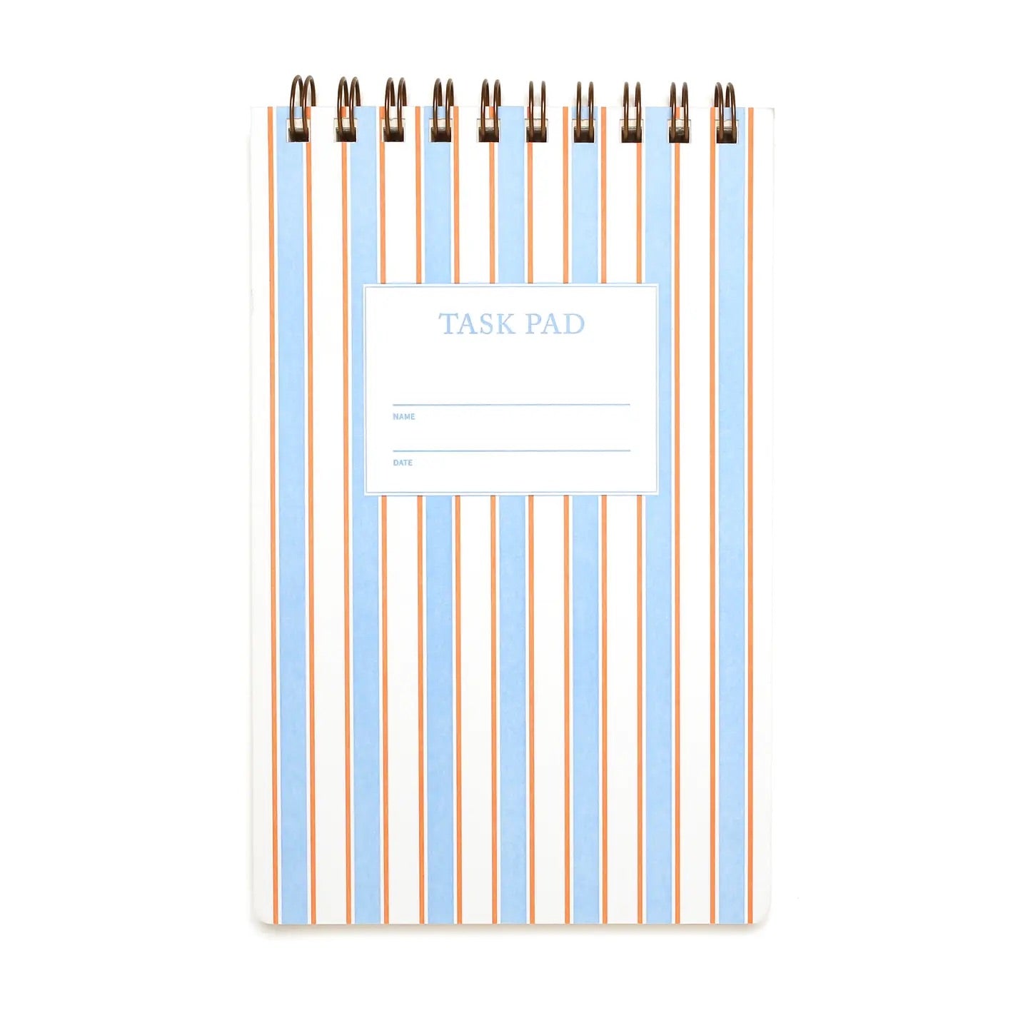 Top-spiral notebook. Light blue, white, and orange striped patterned cover. 