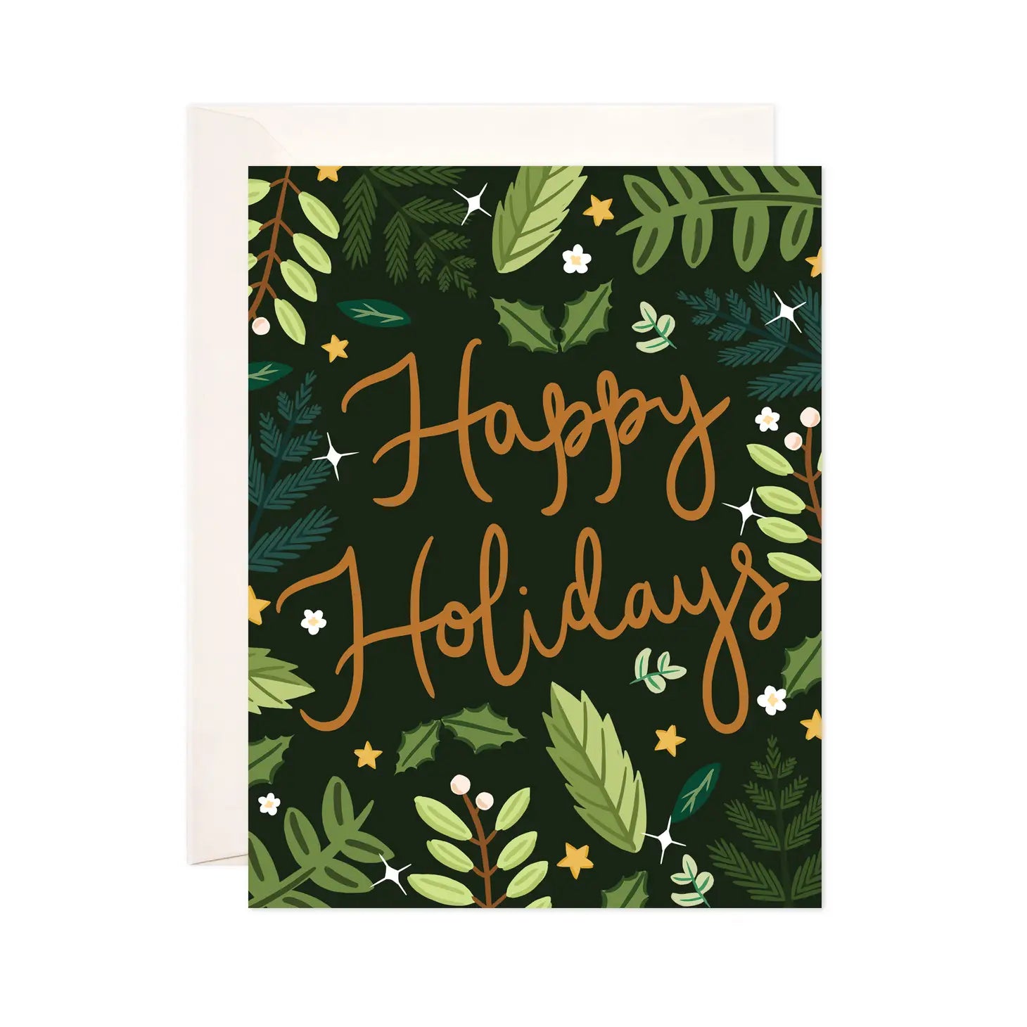 White card with full color black background. Shades of green illustrated foliage. Gold cursive text reads "happy holidays" 