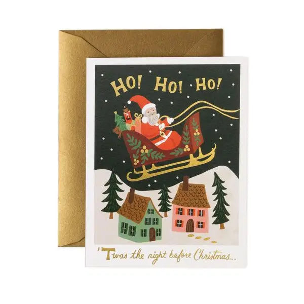 White card with full color illustration of Santa in a sled flying above snow and houses. Gold foil "ho! ho! ho!" 