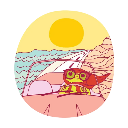 Round sticker of a frog driving a car along a beach highway 