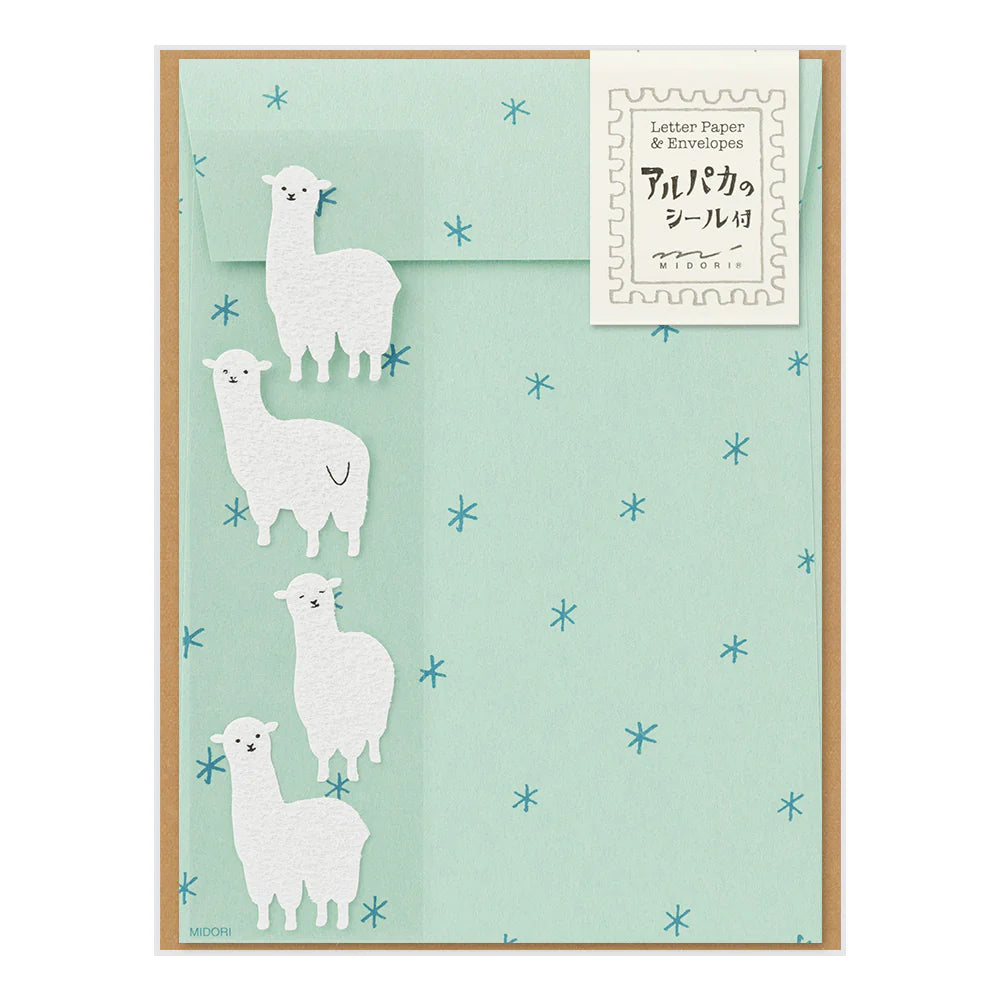 Mint green envelopes and four alpaca stickers 