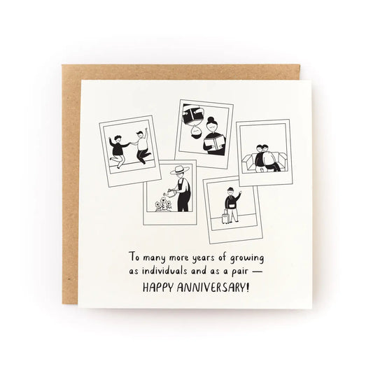 White greeting card with illustrations of Polaroid pictures. Black text: to many years of growing as individuals and as a a pair. Happy anniversary! 