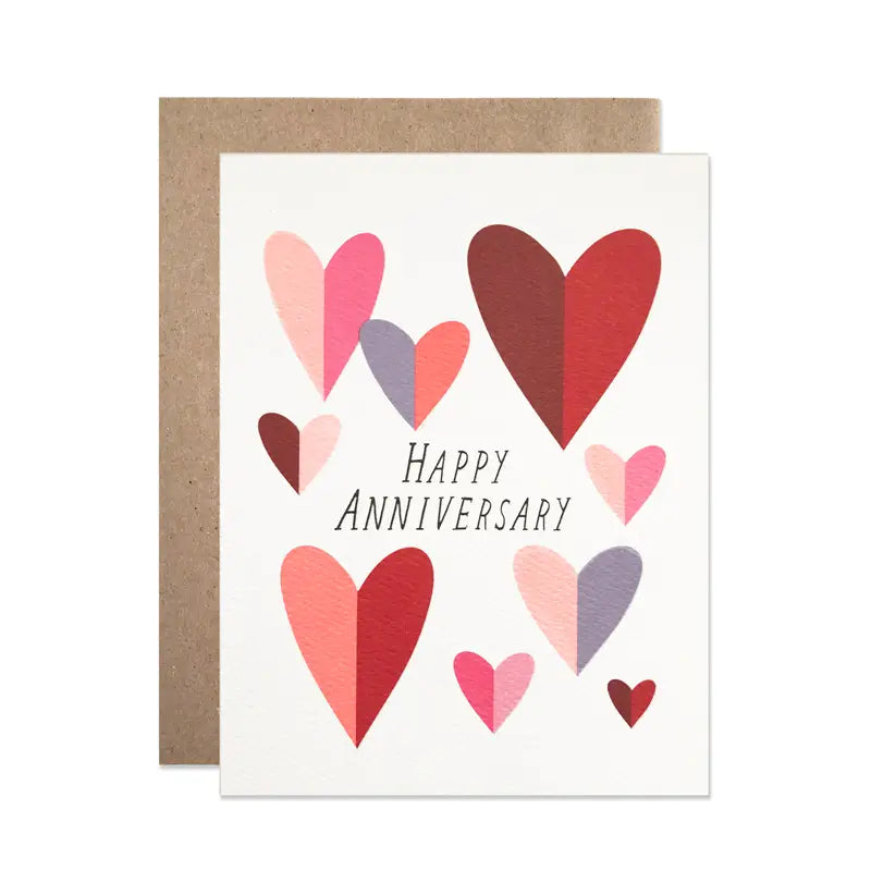 Greeting card with colorful hearts and 'Happy Anniversary' text on a white background