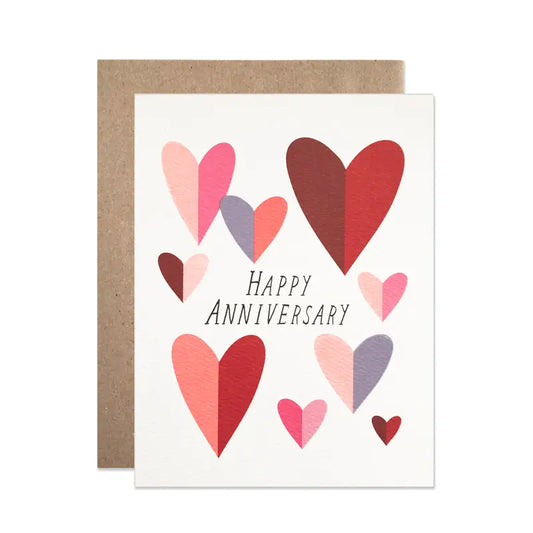 Greeting card with colorful hearts and 'Happy Anniversary' text on a white background