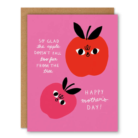 Greeting card with cartoon apples and text on a pink background