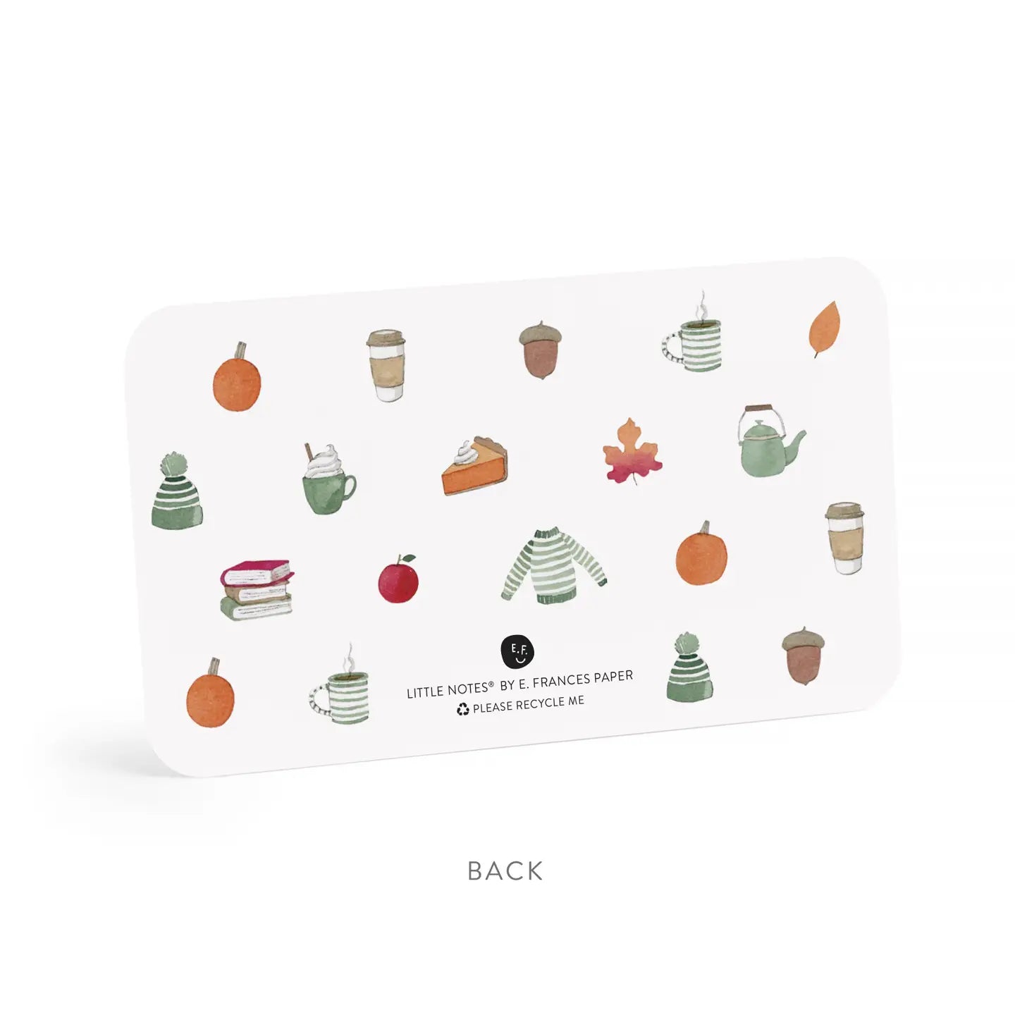 Back of white notecard with colorful fall illustrations 