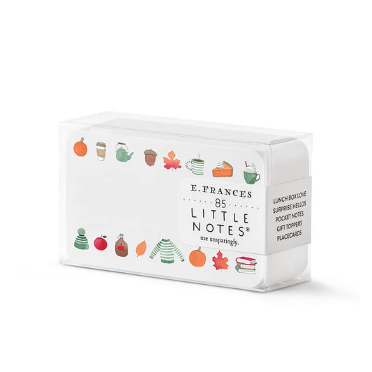 Box of small white notecards with colorful autumn illustrations 