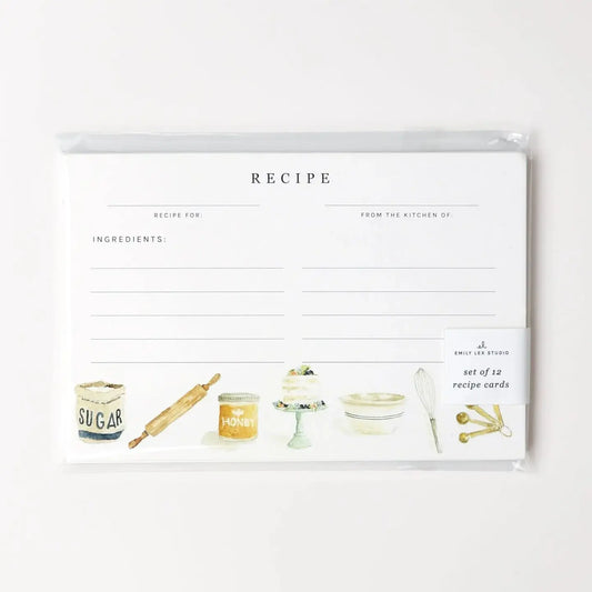 Set of recipe cards with kitchen illustrations on a white background