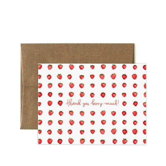 Card with strawberry pattern and 'Thank you, berry much!' text, with a brown envelope on a white background.