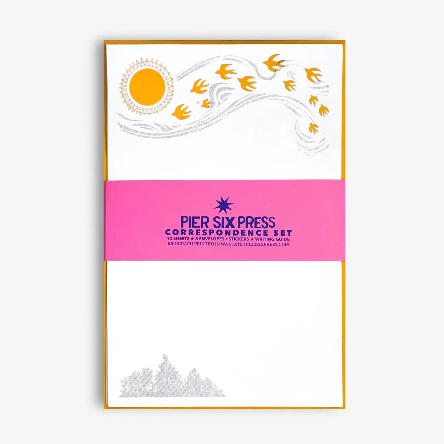 Pier Six Press correspondence set packaging with sun and bird design on a white background