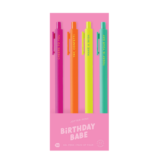 Set of colorful pens in a pink packaging with 'Birthday Babe' text