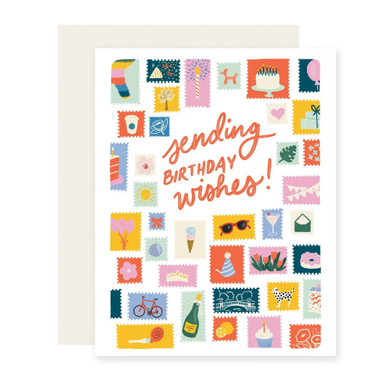 Greeting card with colorful postage stamp designs and 'sending birthday wishes!' text.