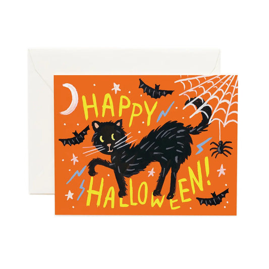 Orange card with a black cat, bats, and spider webs. Yellow text: happy Halloween! 