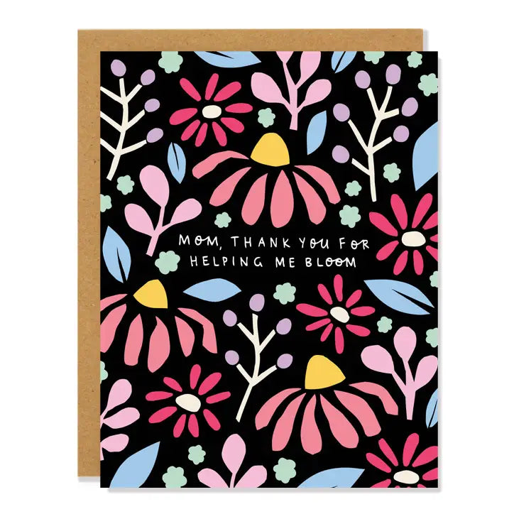 Greeting card with colorful floral design and 'Mom, thank you for helping me bloom' text on a black background.