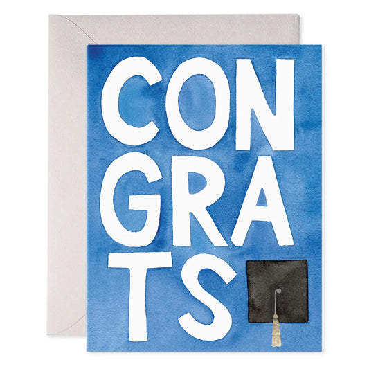 Greeting card with 'CONGRATS' text and a graduation cap on a blue watercolor background