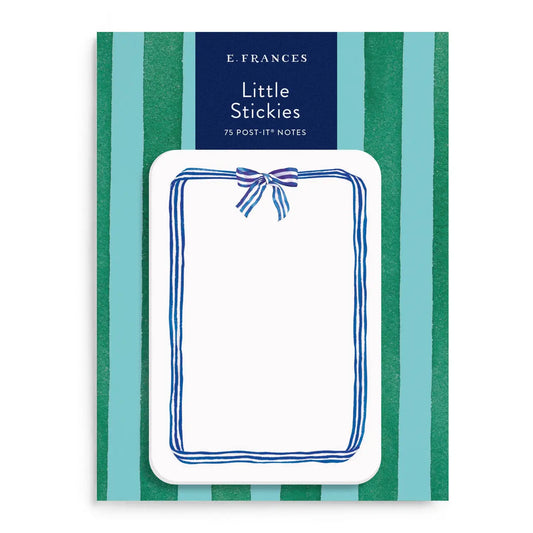 White sticky notes with a blue ribbon border. On a blue and green striped background 