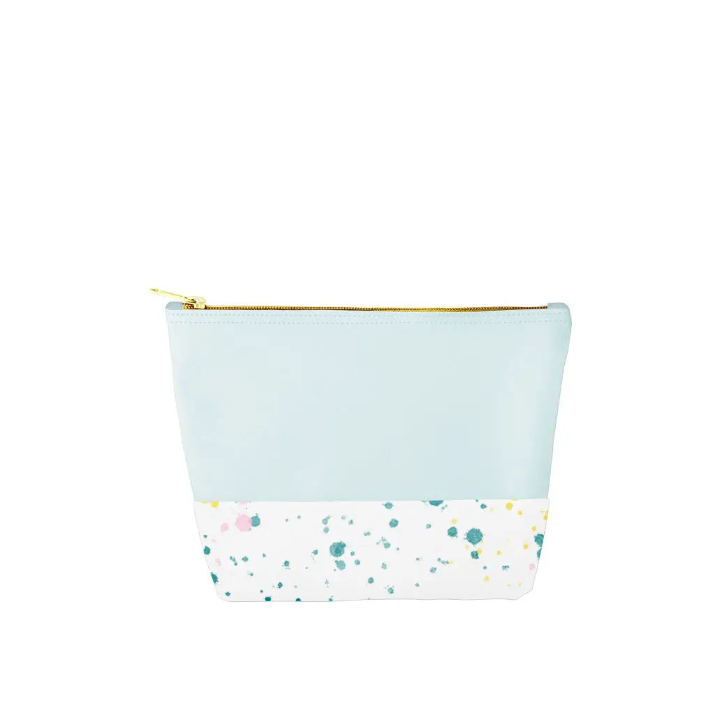 Zip pouch with light blue top half and white bottom half with colorful speckles