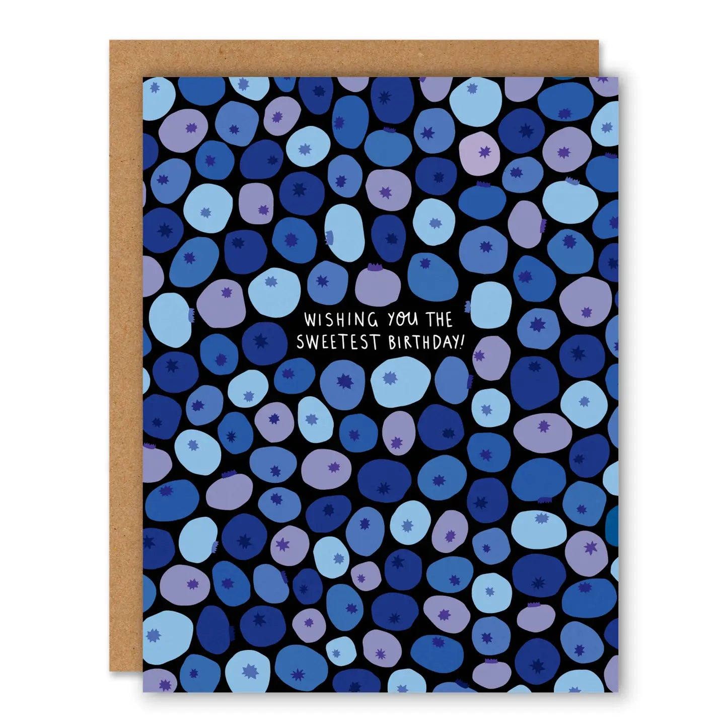 Greeting card with blueberry pattern. White text: wishing you the sweetest birthday! 
