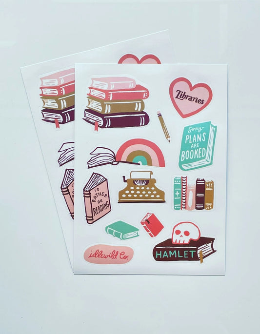 Two sticker sheets with multiple colorful book-themed stickers 