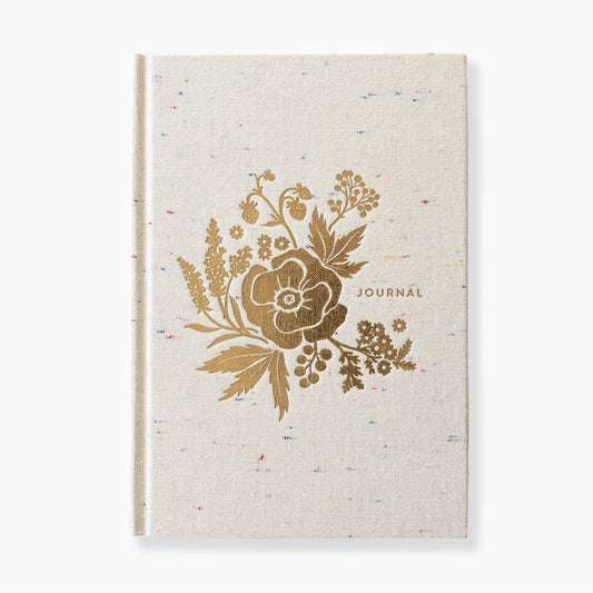 Cream linen journal with gold foil floral design and 'Journal' text