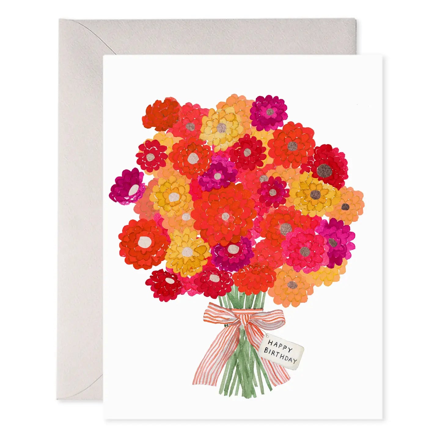 Greeting card with a bouquet of colorful flowers and a 'Happy Birthday' tag 