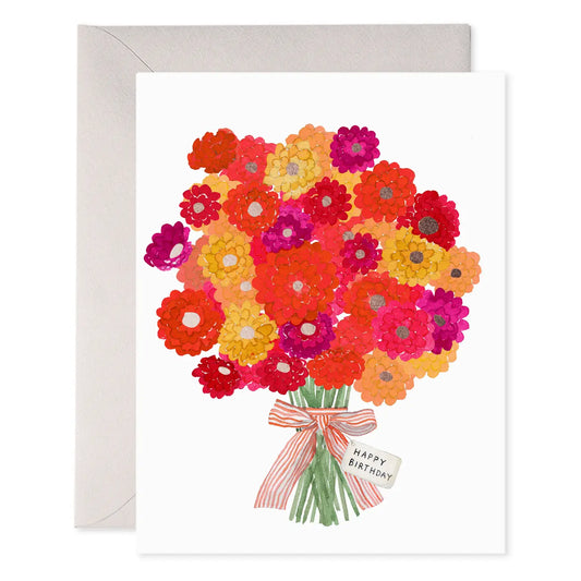 Greeting card with a bouquet of colorful flowers and a 'Happy Birthday' tag 