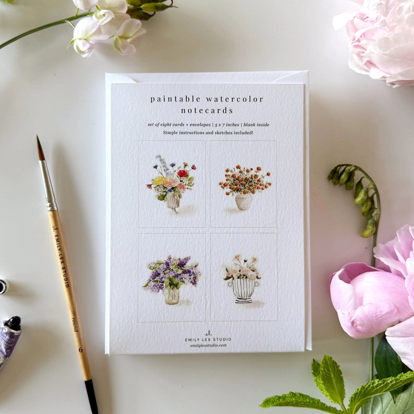 Pack of paintable watercolor notecards with floral illustrations