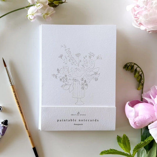 Front cover of a set of bouquet paintable notecards 