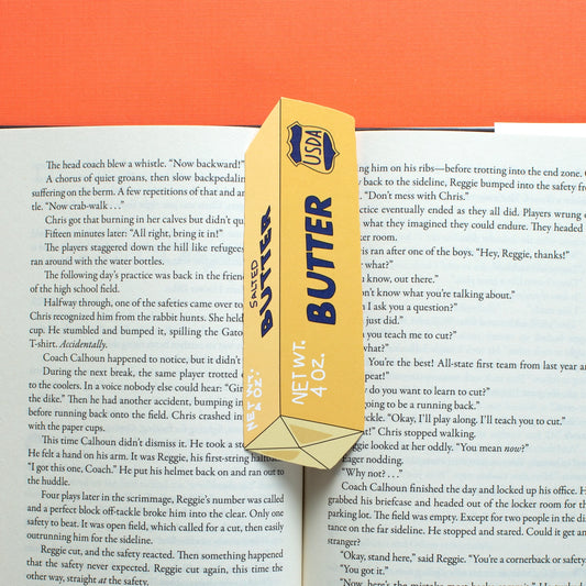 Die-cut bookmark in the shape of a stick of butter 