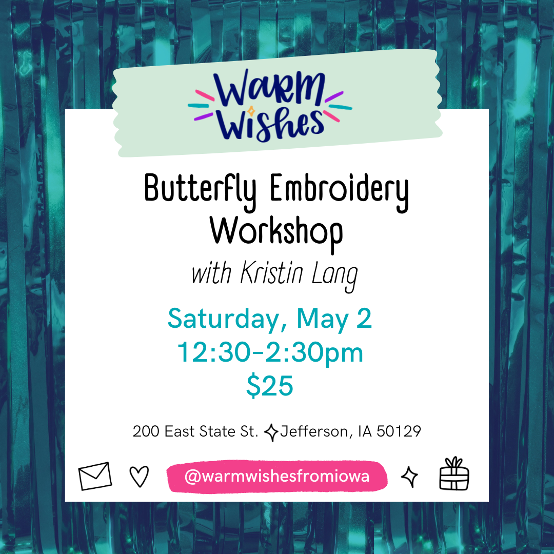 Advertisement for a butterfly embroidery workshop with details on a teal background