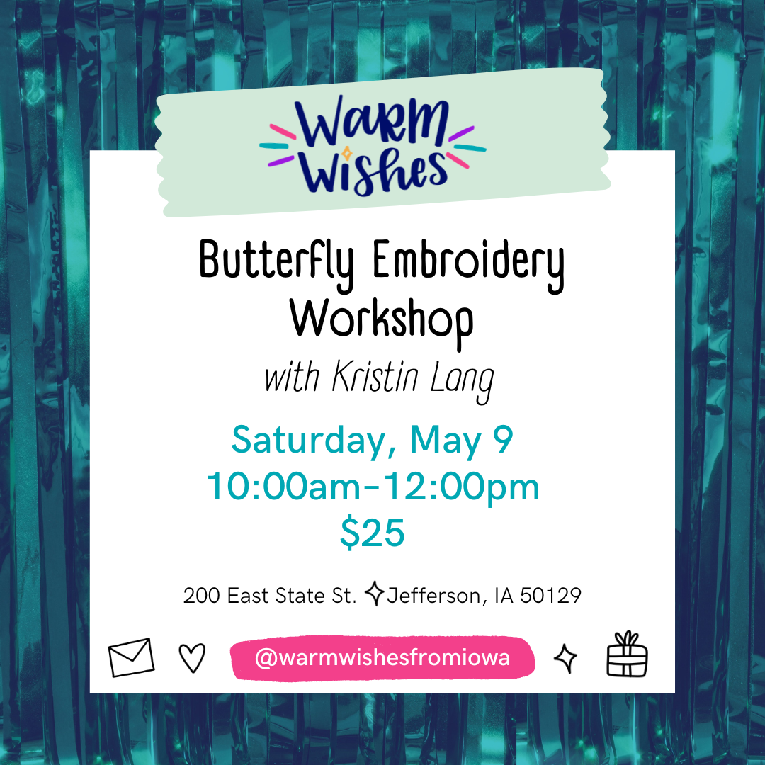 Advertisement for a butterfly embroidery workshop with details on a teal background