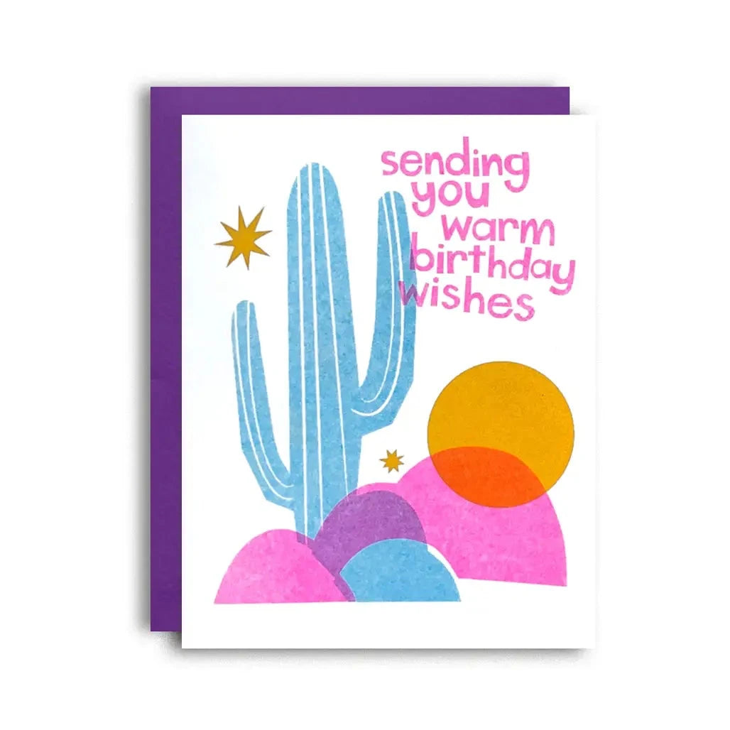 Greeting card with a cactus illustration and 'sending you warm birthday wishes' text on a white background.