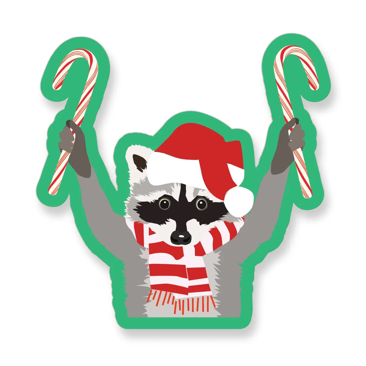 Did-cut sticker of a raccoon wearing a Santa hat and scarf and holding candy canes.