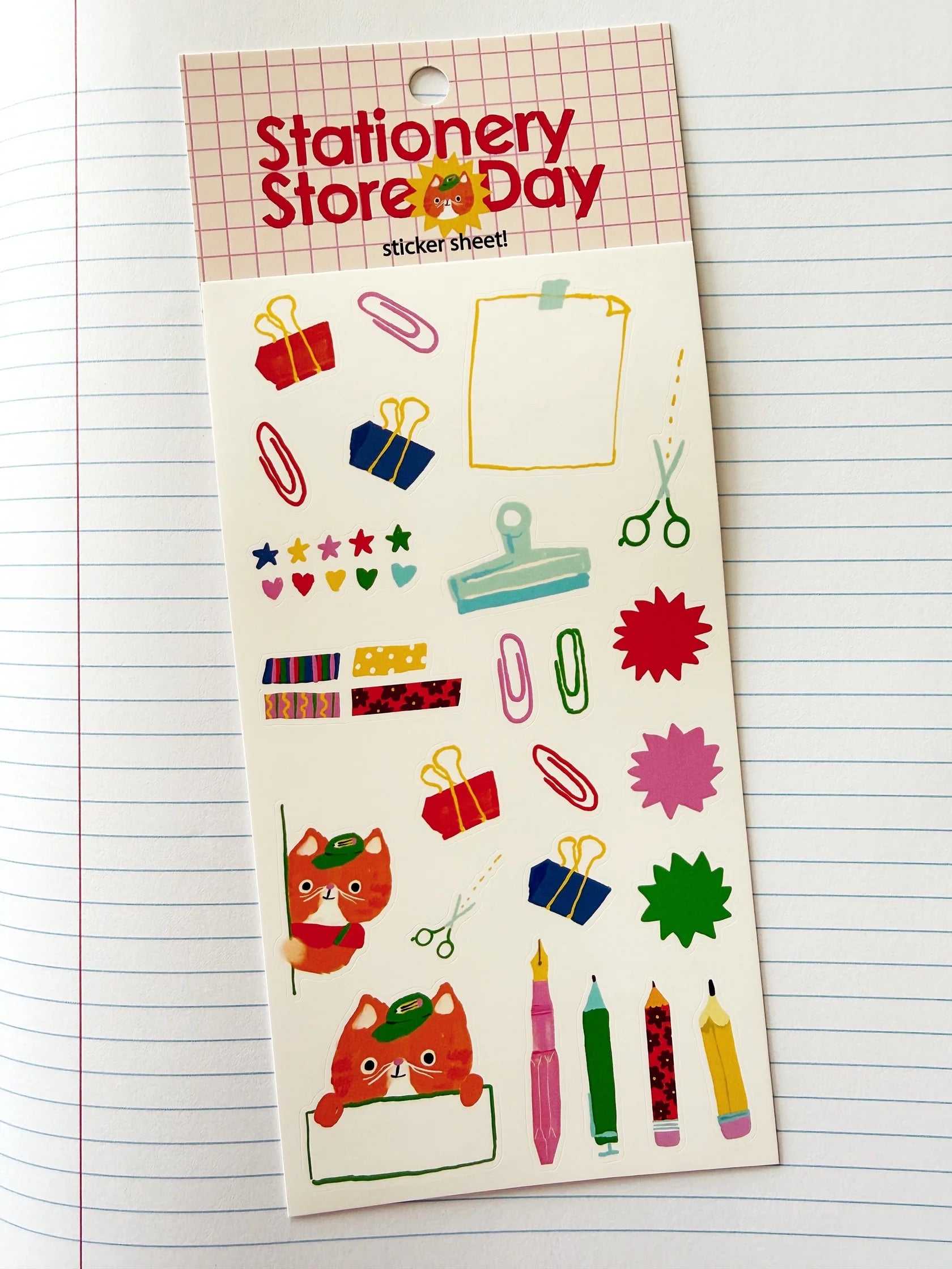 Stationery-themed sticker sheet for Stationery Store Day on a lined paper background