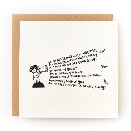 Square greeting card with illustration of a person holding a megaphone and saying encouraging things 