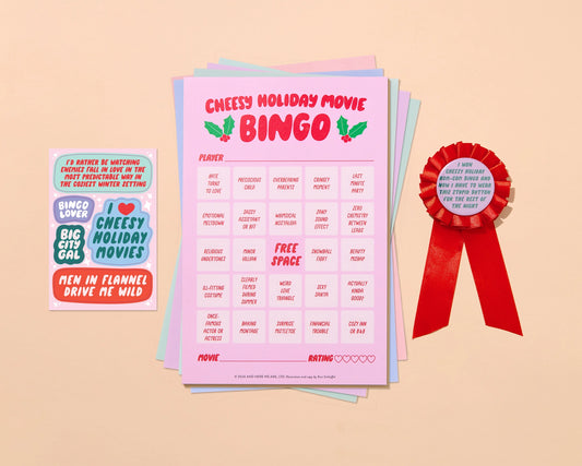Cheesy Holiday Movie Bingo card with a red ribbon on a beige background