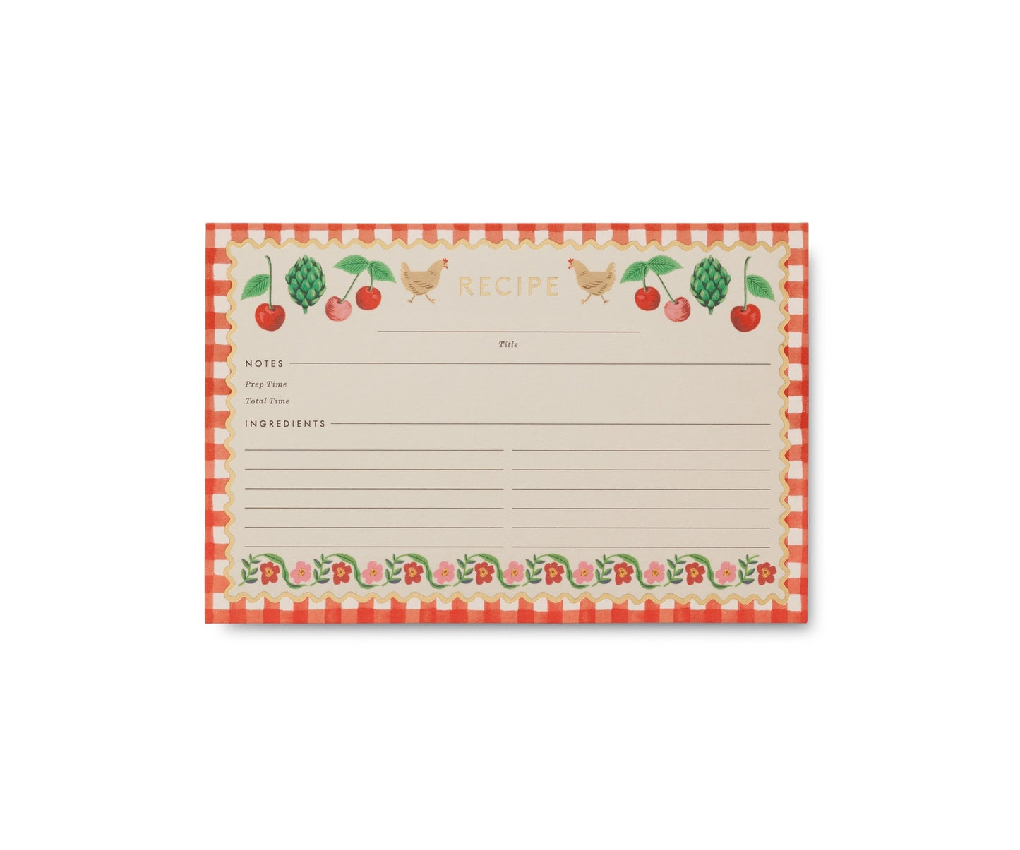 Front of recipe card. Light brown card with red and white check border. Illustrations of flowers, cherries and chickens 