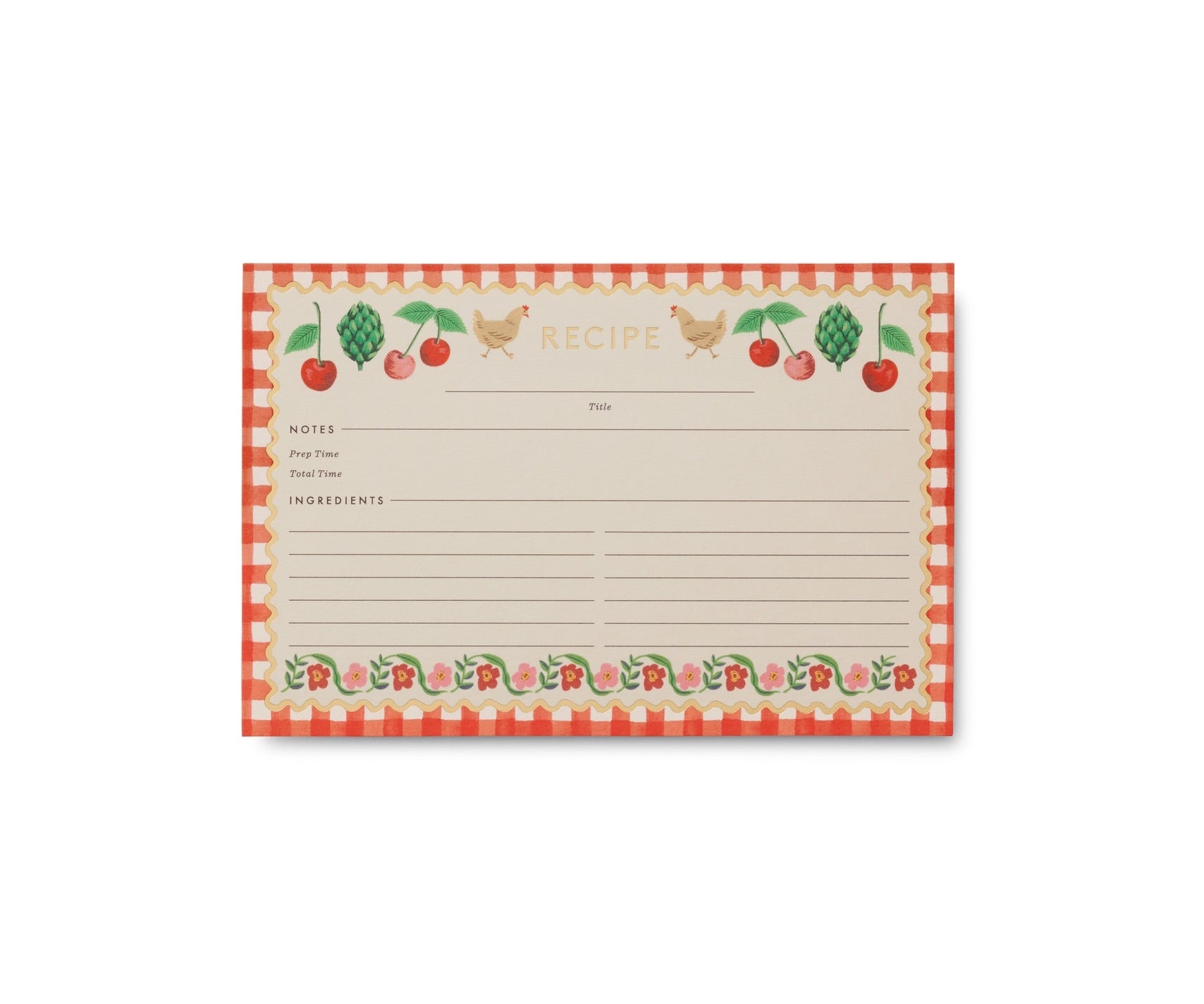 Front of recipe card. Light brown card with red and white check border. Illustrations of flowers, cherries and chickens 