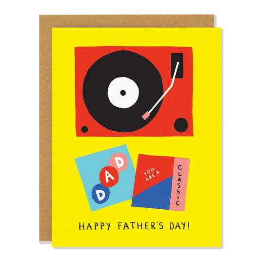 Colorful Father’s Day greeting card with a turntable illustration and yellow background. 