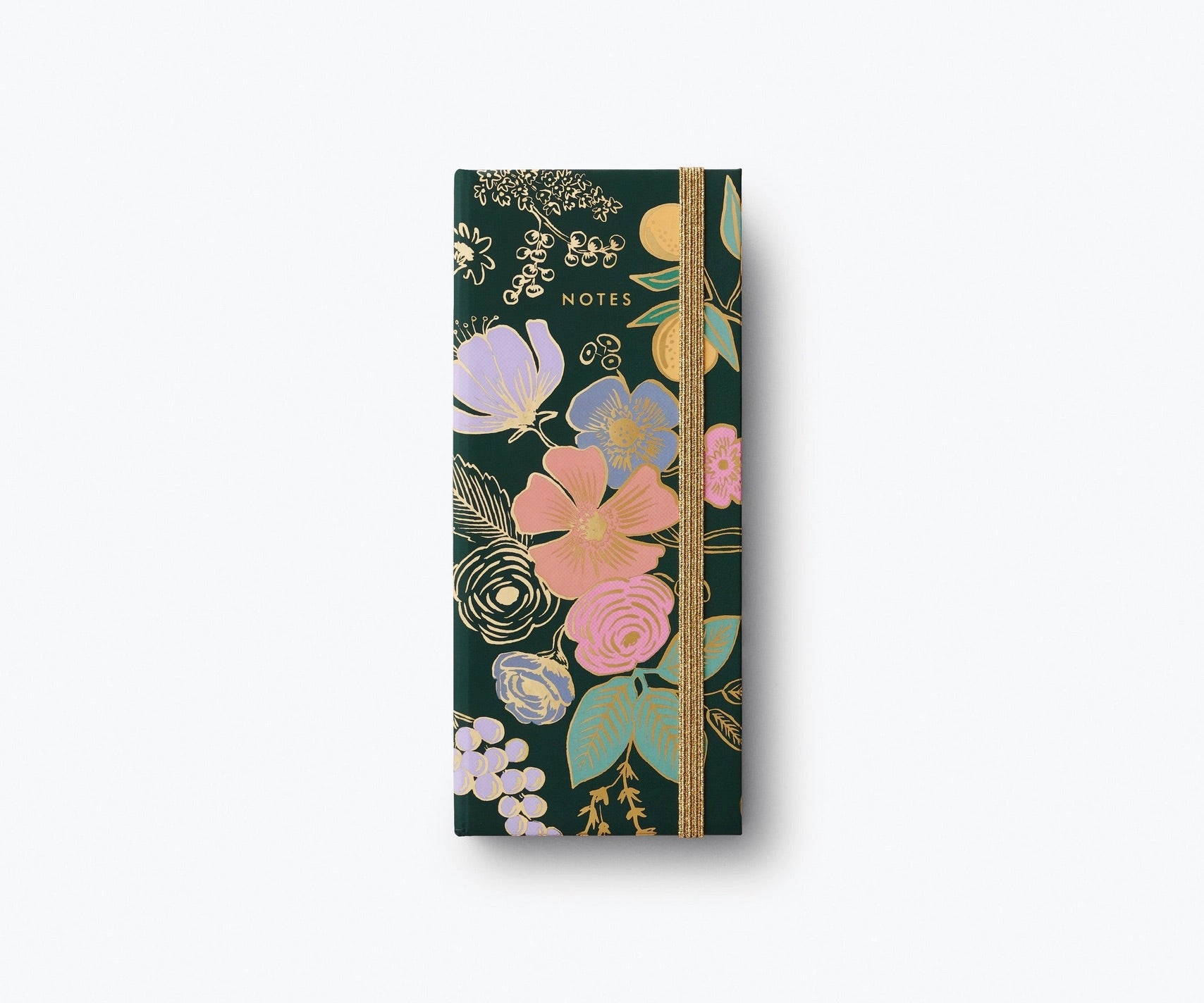 View of closed notepad. Green with pastel floral design 