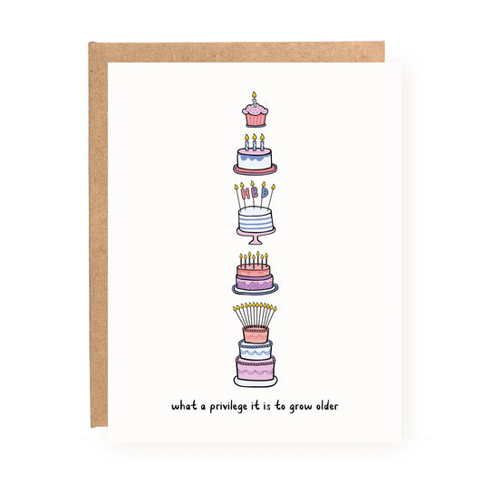 Greeting card with illustrations of birthday cakes and candles. Black text: what a privilege it is to grow older 