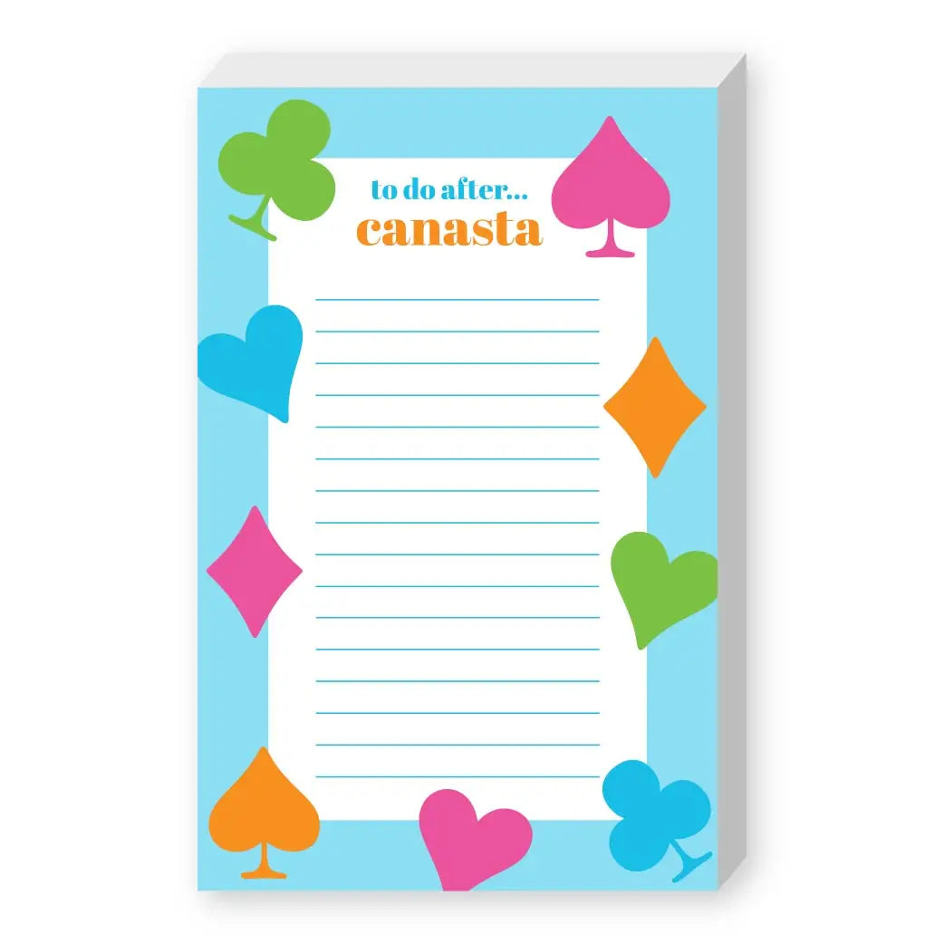 Notepad with colorful card suits border and 'to do after canasta' text on a blue background