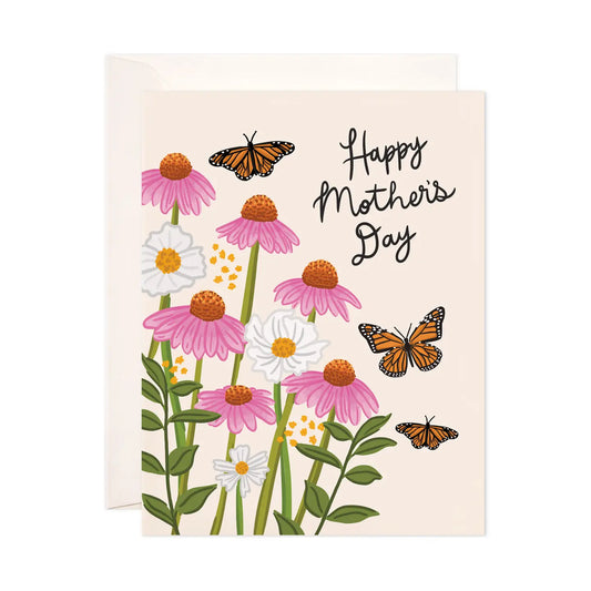 Greeting card with flowers and butterflies on a beige background
